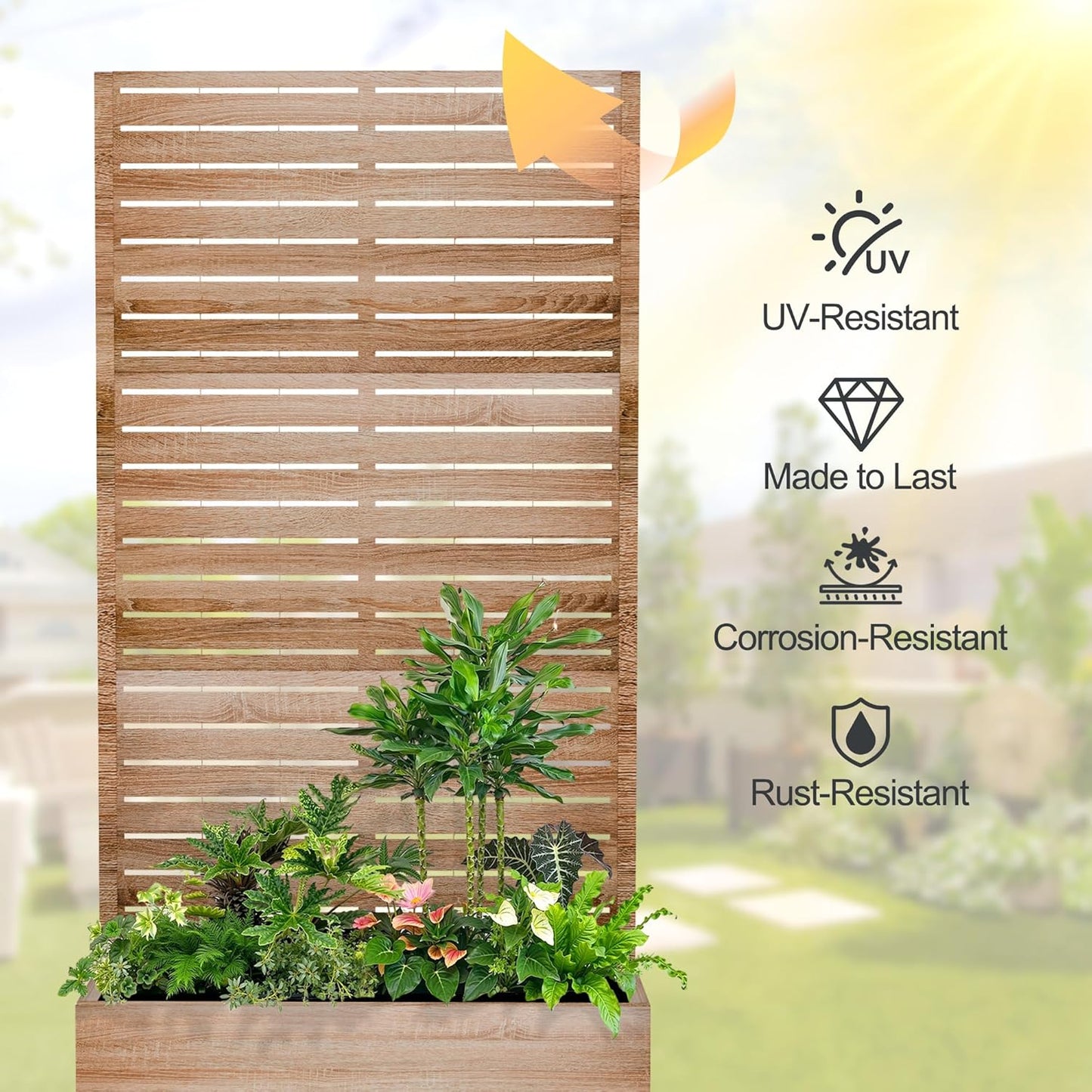 Raised Garden Bed with Trellis and Wheels,73"x47"x16" Metal Raised Garden Bed,Wood Finish Metal Planter with Climbing Trellis for Vines & Vegetables