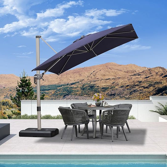 PURPLE LEAF 8' X 8' Patio Umbrella Outdoor Cantilever Umbrella, Aluminum Offset Umbrella with Champagne Frame and 360° Rotation for Pool Deck Garden, Navy Blue