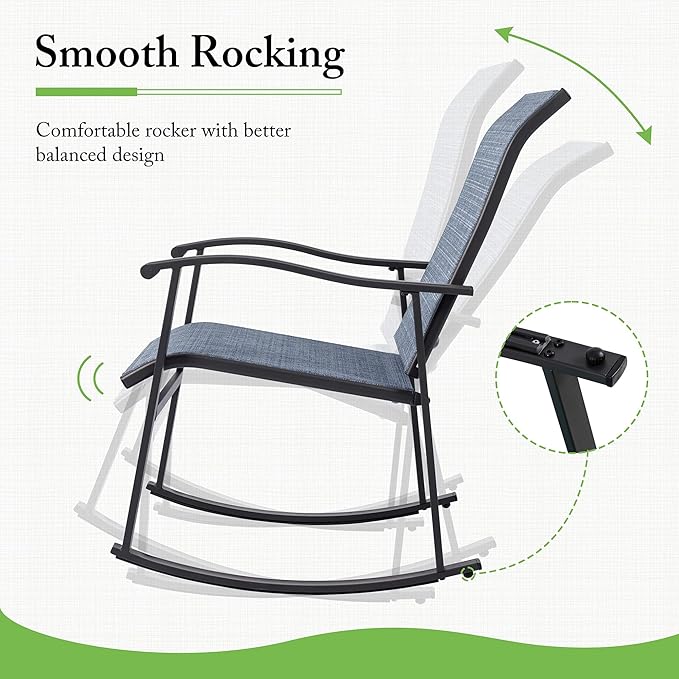 Shintenchi Rocking Chair Outdoor with Table, 3 Piece Rocking Patio Bistro Set, Outdoor Furniture Set with Metal Frame and Textilene Fabric for Small Space, Dark Blue