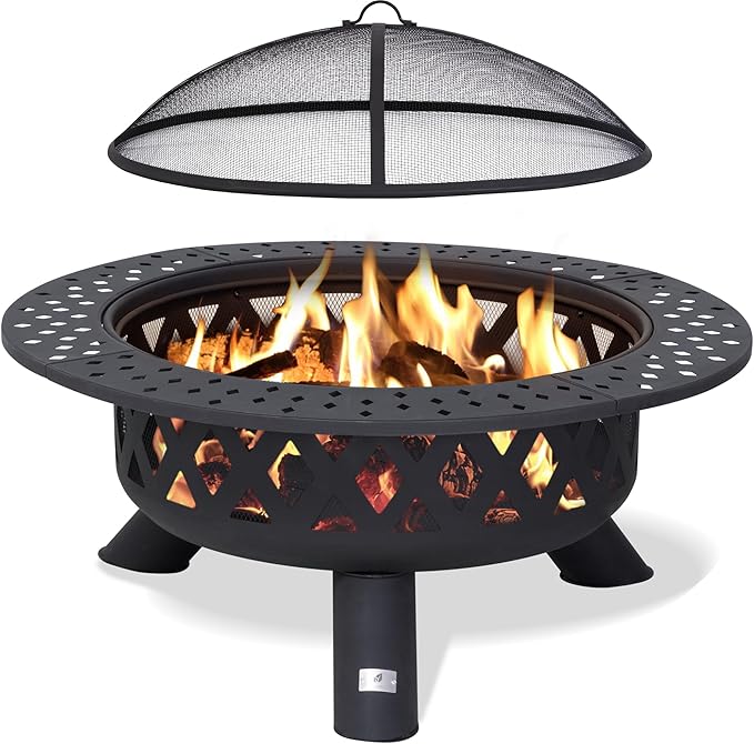 SUNCREAT 42" Large Outside Fire Pit, Round Fire Pit Wood Burning with Widened Tabletop, Spark Screen, Fire Poker, Phombus Pattern