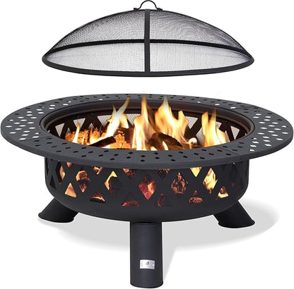 SUNCREAT 42" Large Outside Fire Pit, Round Fire Pit Wood Burning with Widened Tabletop, Spark Screen, Fire Poker, Phombus Pattern