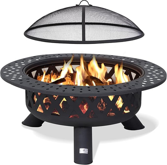 SUNCREAT 42" Large Outside Fire Pit, Round Fire Pit Wood Burning with Widened Tabletop, Spark Screen, Fire Poker, Phombus Pattern
