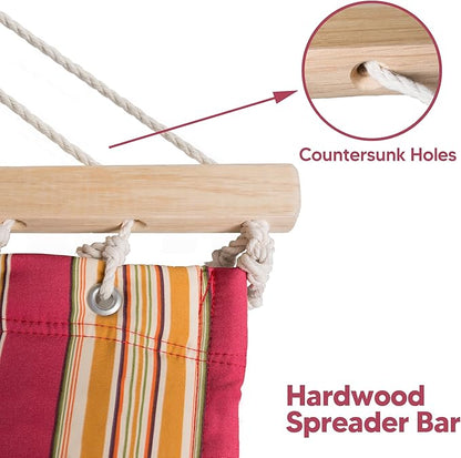 SUNCREAT Double Hammock Quilted Fabric Swing with Spreader Bar, Detachable Pillow, 55” x79” Large Hammock, Red Stripes