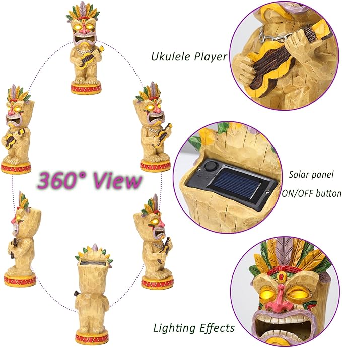 Solar Tiki Garden Statue with LED Eyes Outdoor Resin Ukulele Player Yard Decor Solar Light Hawaiian Style Lawn Ornament for Patio Porch Lawn Tiki Bar or Tiki Lover Funny Gifts Stocking Stuffers