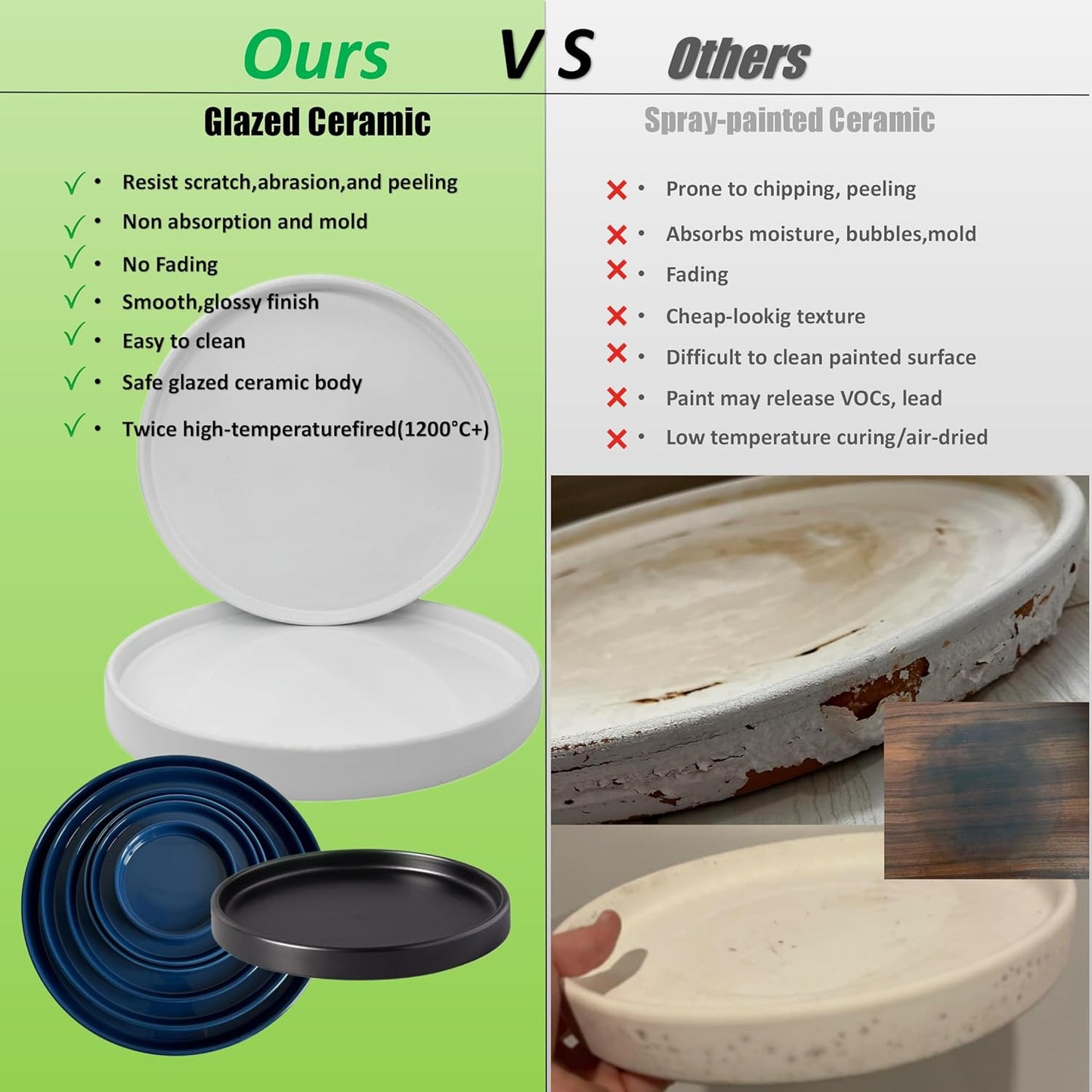 Ceramic Plant Saucer Pot Tray 10 Inch, Planter Saucers 4 5 6 7 8 9 10 11 12 13 Inch for Indoors Outdoor, Durable Sturdy Flower Drainage drip Water Tray for Glazed Pots Base (10.7 Inch-Blue)