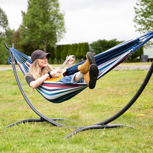 SUNCREAT Hammocks for Outside with Stand, Porch Hammock and Stand, 475 lbs Capacity, Blue & Red Stripes