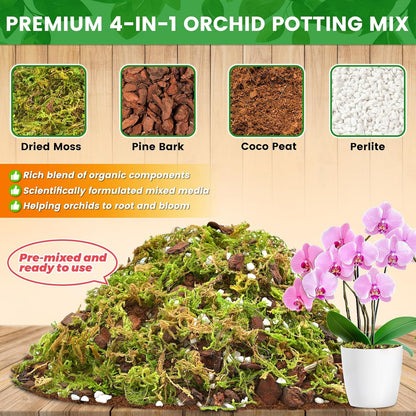 Legigo 4 QT Orchid Potting Mix- Natural Orchid Soil Mix for Repotting with Moss, Pine Bark, Coco Peat and Perlite, Enhanced Drainage Orchid Bark Potting Mix Repotting Kit for Indoor Plant Growth