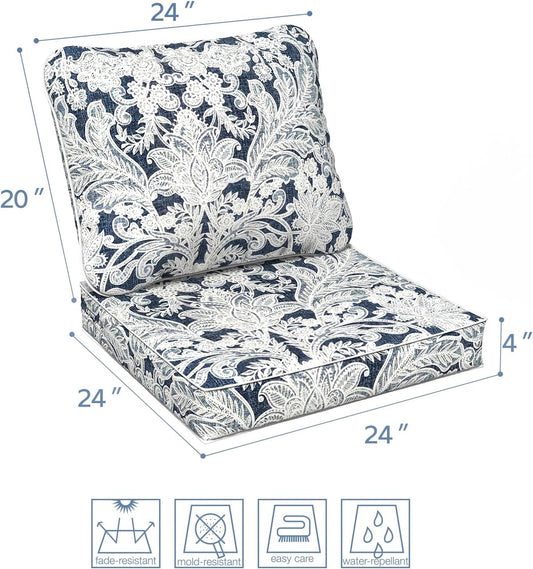 LVTXIII Outdoor/Indoor Deep Seat Cushion Patio Seat and Back Cushion Set All-Weather Replacement Chair Cushion for,Wicker Chairs and Garden Furniture Decoration, 24"x24"x4", Damask Lapis