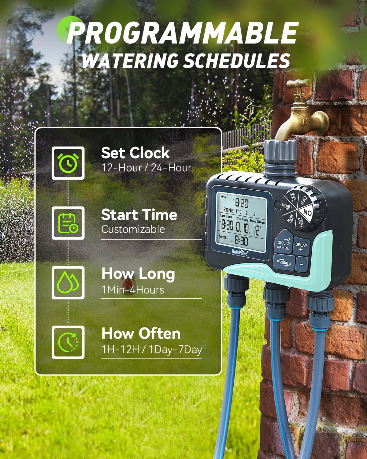 RAINPOINT Sprinkler Timer 3 Zone, Programmable Water Timer for Garden Hose,Hose Faucet Timer, Hose Timers for Watering with Automatic/Manual/Rain Delay/Watering Mode, IP65 Waterproof, Large LCD