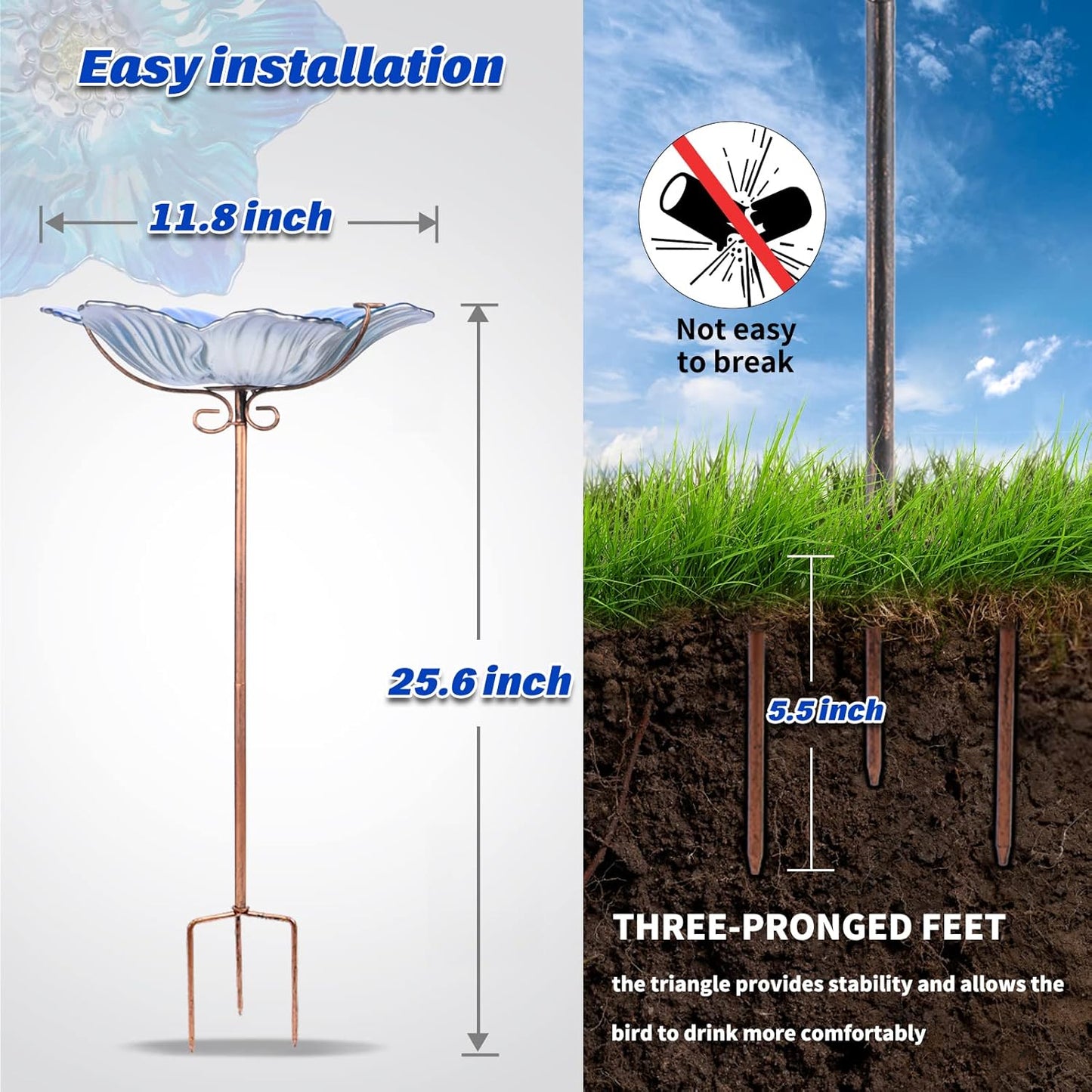 MUMTOP Bird Baths for Outdoors Glass Bird Bath Bowl Outdoor Bird Feeder Flower Pattern with Metal Stake for Garden, Yard and Lawn Decor(Blue)