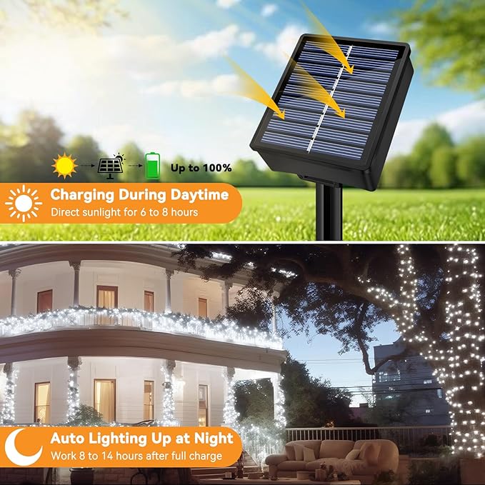 Solar String Lights Outdoor Waterproof 2 Pack Total 66ft 200LED 8 Modes Twinkle Lights Solar Fairy Lights for Patio, Garden Yard Party Wedding Tree Christmas Halloween Decoration, White