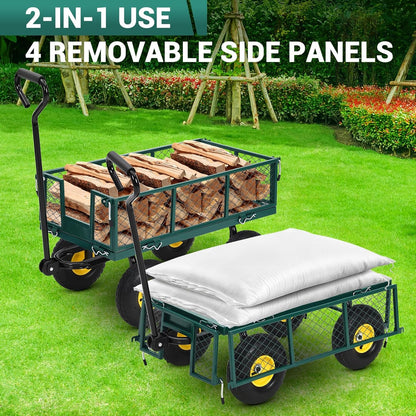 900 Lbs Steel Garden Cart. Heavy Duty Metal Garden Wagon with 10" Wheels, Pullable Metal Garden Wagon with 180° Rotating Handle and Removable Sides for Farm, Yard