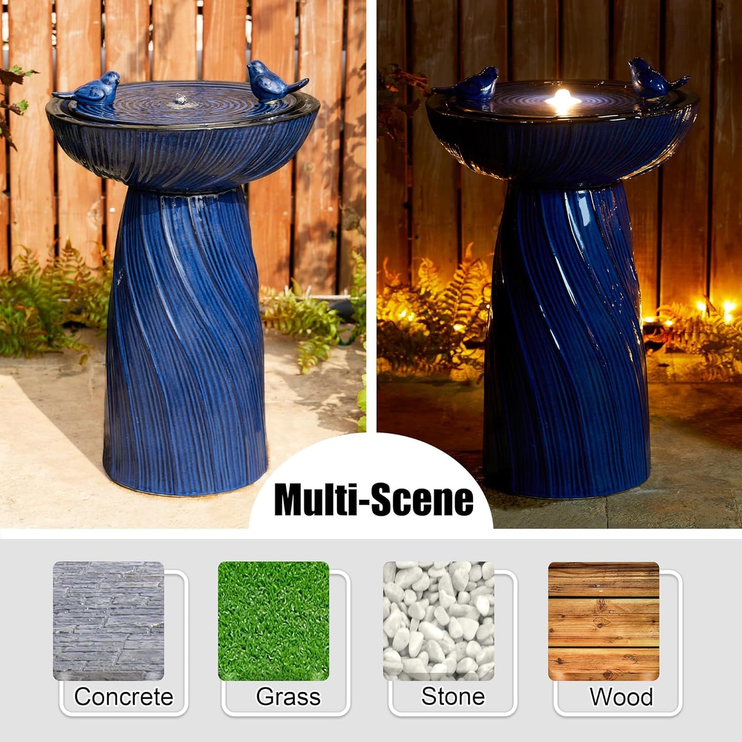 Glitzhome 24.75" H Outdoor Water Fountain with LED Light, Cobalt Blue Two Birds Twist Textured Floor-Standing Fountains, Ceramic Embossed Pattern Pedestal Water Fountain for Yard Patio Backyard
