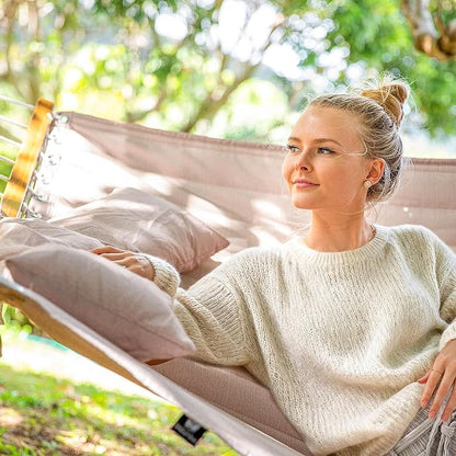 SUNCREAT 13.8 FT Hammocks Quilted Fabric Double Hammock with Detachable Curved Bamboo Spreader Bar and Soft Pillow, Max 450 lbs Capacity, Tan