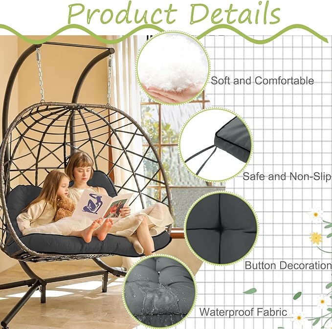 Swing Replacement Cushions with Backrest, 2 or 3 Seater Waterproof Non-Slip Overstuffed Swing Pad, Indoor/Outdoor Bench Cushion for Porch Chair Swings Garden Furniture (Dark grey, 40 * 63 in)