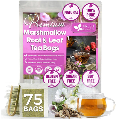 FreshDrinkUS, Premium 75 Marshmallow Root and Leaf Tea Bags, 100% Natural & Pure. Loose Leaf Marshmallow Herbal Tea. Made with Eco-Conscious Tea Bags. No Sugar, No Caffeine, No Gluten, Vegan.