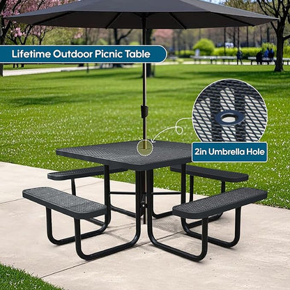46" Square Picnic Table W/Benches,Heavy Duty Metal Picnic Table Set with 2in Umbrella Hole, 1600 lb Capacity,Commercial Dining Table Furniture for Yard Patio Lawn Party Coffee Shop
