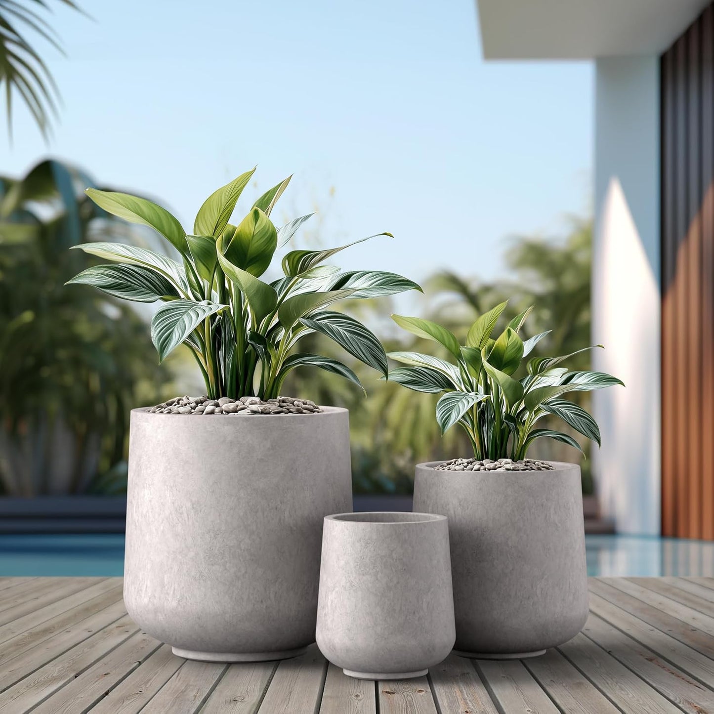 Kante 15.3"+11.6"+8.2" Dia Round Concrete Planter, Large Outdoor Indoor Planter Pots Containers with Drainage Holes and Rubber Plug for Home Garden Patio, Light Gray