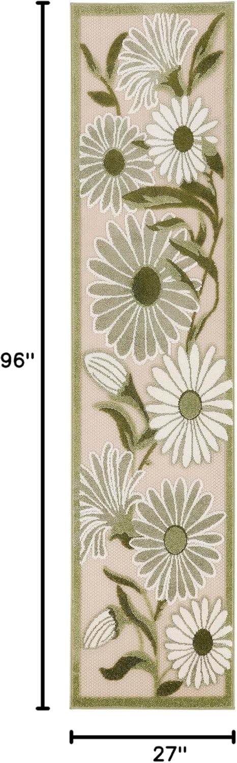 Nourison Home Aloha Indoor-Outdoor Ivory Green 2'3" x 8' Area Rug, Easy-Cleaning, Non Shedding, Bed Room, Living Room, Dining Room, Backyard, Patio, Deck (2x8)