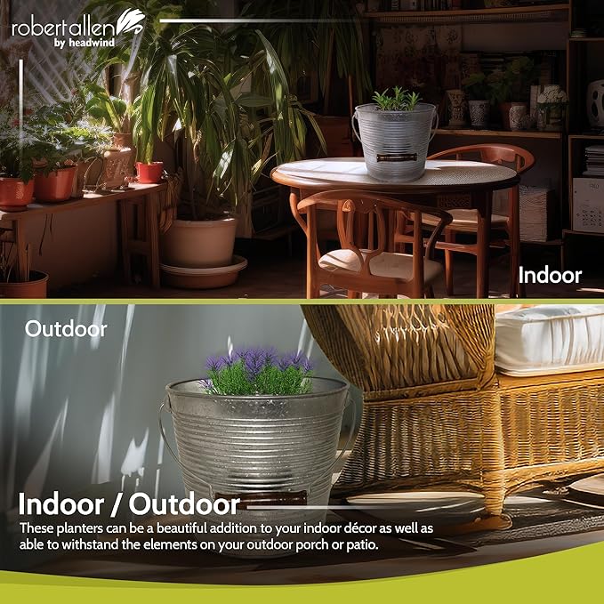 Headwind Vintage Collection Ribbed Planters – Galvanized Flower Pots 10 Inch Indoor Plant Pots Bucket for Peace Lily, Pothos, & Lavender, Petunias, Basil Plant for Outdoor by Robert Allen