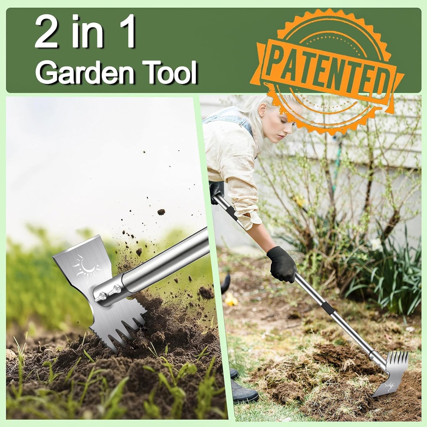 Weed Puller Tool with Long Handle, 60inch Manual Weeder Remover Tool, Stainless Steel 2 in 1 Hand Weed Rake for Gardening, Heavy Duty Uprooting Weeding Pull for Garden, Lawn,Yard, Patio