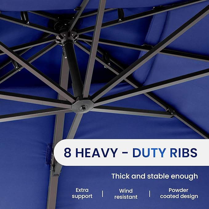 10 X 13 FT Cantilever Patio Umbrella with Base Included Outdoor Heavy Duty Double Top Windproof Rectangle Offset Umbrellas with 360-degree Rotation for Pool Deck Backyard, Navy