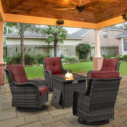 5 Pieces Patio Wicker Furniture Set - 4 Outdoor Swivel Rocker Glider Chairs with 50000BTU Propane Fire Pit Table, Warm Patio Conversation Set Red Cushion Perfect for Casual Gathering