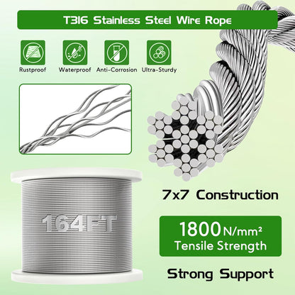 20 Set Trellis Wire for Climbing Plants Outdoor, T316 Wall Wire Trellis Kit with Stainless Steel Cable 1/8" x 164ft, Espalier System Cable Trellis Kit with Adjustable Spacing Vines Green Wall