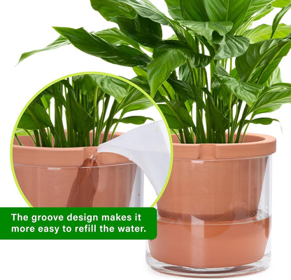 D'vine Dev 10 Inch Design Self Watering Pot for Indoor Plants, Terracotta Planter with Cylinder Glass Cup, 37-X-D-1
