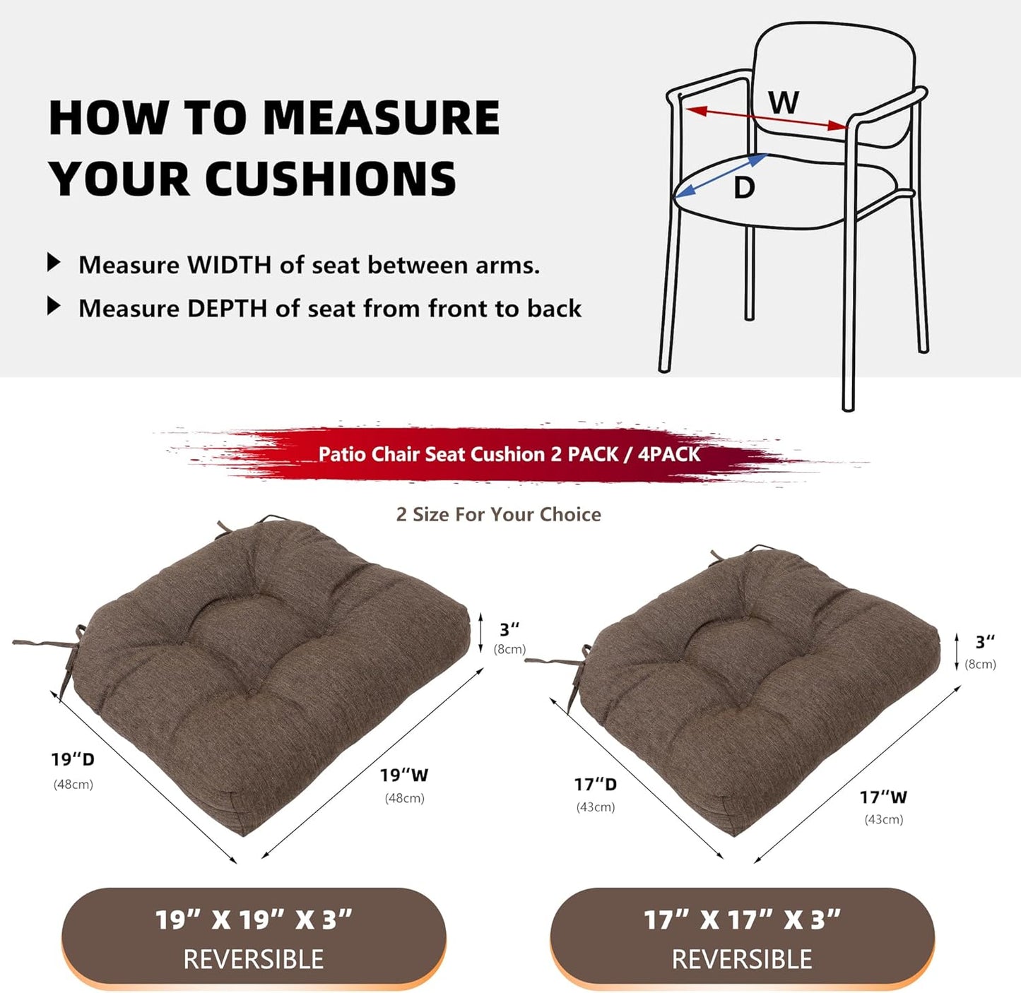 RACE LEAF 17" x 17" Patio Chair Seat Pads Brown - Outdoor/Indoor Patio Cushions Set of 2 - Replacement Cushions for Chairs and Seating - Olefin Seat Pads for Porch, Deck, and Garden Seats