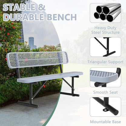 Heavy Duty Park Bench with Back Portable Frame, Outdoor Steel Bench with Backrest, Outdoor Park Bench Expanded Metal Mesh Bench for Lawn, Park, Deck, Garden, Patio, Porch, Black (Gray, 6FT)