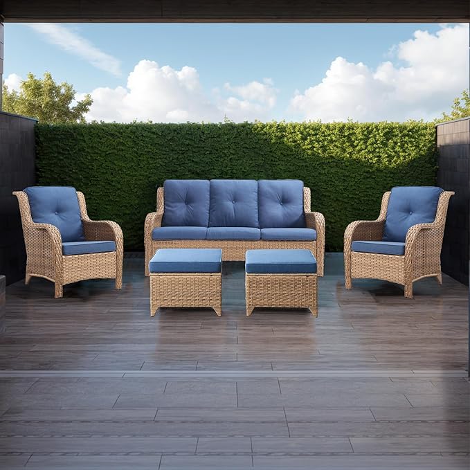 Rilyson Outdoor Patio Wicker Furniture Set - 5 Piece Rattan Patio Conversation Sectional Sofa Set with 1 Couch,2 Armchairs,2 Ottomans for Porch Deck Garden(Yellow/Blue)
