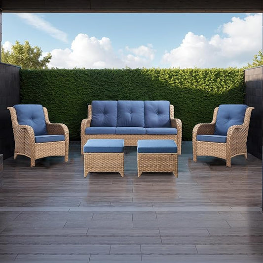 Rilyson Outdoor Patio Wicker Furniture Set - 5 Piece Rattan Patio Conversation Sectional Sofa Set with 1 Couch,2 Armchairs,2 Ottomans for Porch Deck Garden(Yellow/Blue)