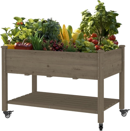 MUPATER 4x2FT Raised Garden Bed, Planter Box with Four Wheels and Legs for Herbs, Flowers and Vegetables, Elevated Garden Bed with Drainage Holes for Greenhouse, Garden, Farm, Brown