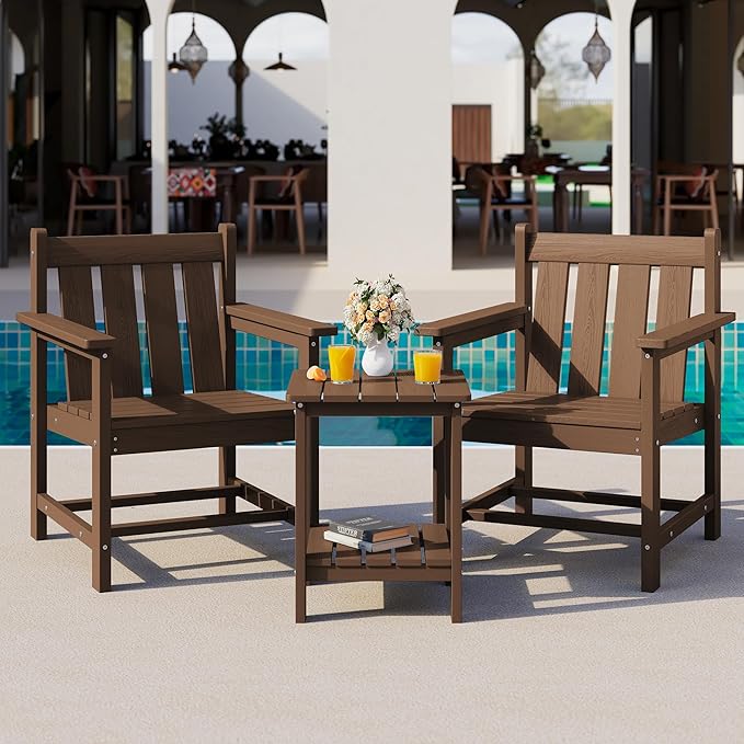 SERWALL 3 Pieces Patio Bistro Set, All Weather Adirondack Chair Set with Side Table, HDPE Material Outdoor Patio Furniture Set for Balcony, Porch, Garden, Backyard- Brown
