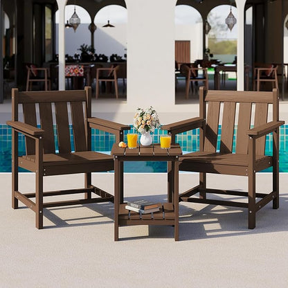 SERWALL 3 Pieces Patio Bistro Set, All Weather Adirondack Chair Set with Side Table, HDPE Material Outdoor Patio Furniture Set for Balcony, Porch, Garden, Backyard- Brown