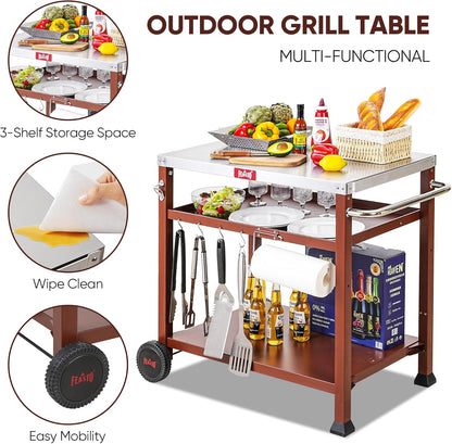 3-Shelf Outdoor Grill Table, Pizza Oven Table for Outside, Movable Grill Cart with Wheels, Indoor & Outdoor Cooking Station, Pizza Oven Stand for Ooni Blackstone Griddle 33.5”x 21.7”