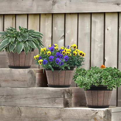 Quarut 4 Pack 8 inch Plant Pot,Upgrade Whiskey Barrel Planters with Drainage Holes & Saucer,Plastic Decoration Flower Pots Retro Design,Planters for Outdoor Indoor Garden Home Plants (Brown)