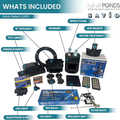 HALF OFF PONDS Savio Select 3,000 GPH Submersible Pump Pond Kit with 10' x 15' PVC Plastic Pond Liner, UV Clarifier for Water Garden & Koi Pond