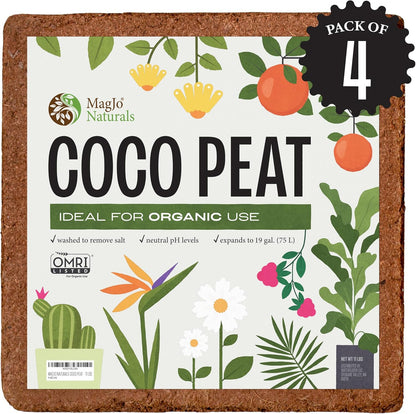 MagJo Naturals 100% Pure Coco Coir 4 Pack (44 Pounds Total) Coco Peat, Listed for Organic Gardening, Coconut Coir - Low EC and pH Balance - High Expansion Coco Fiber for Herbs, Flowers, Planting