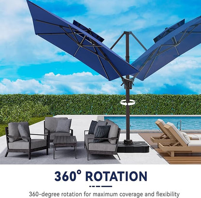 10x13 FT Cantilever Patio Umbrella Double Top Outdoor Rectangular Large Heavy Duty Aluminum Offset Umbrellas with 7 Level Tilt 360-degree Rotation for Pool Garden Deck, Navy