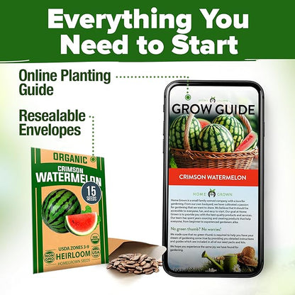 HOME GROWN 𝗨𝗦𝗔 𝗣𝗥𝗘𝗠𝗜𝗨𝗠 𝗢𝗥𝗚𝗔𝗡𝗜𝗖 Watermelon Vegetable Seeds (Crimson Sweet) – 15 Non-GMO, Heirloom Water Melon (7g) for Planting in Home Gardens or Beds Outdoors – Citrullus lanatus