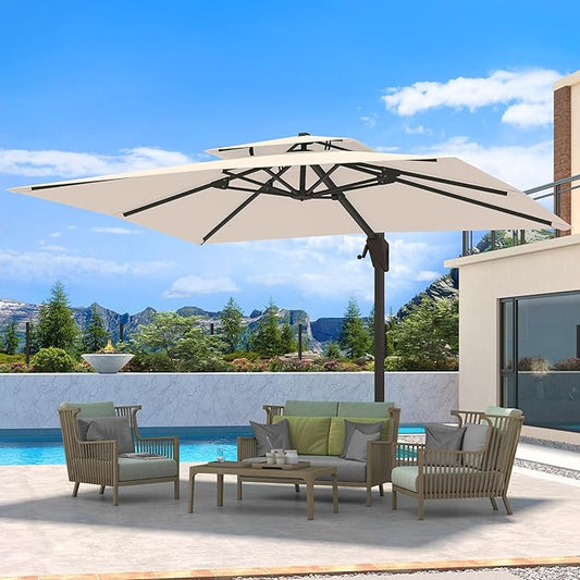10 X 13 FT Cantilever Patio Umbrella Outdoor Heavy Duty Double Top Windproof Rectangle Offset Umbrellas with 360-degree Rotation for Pool Deck Backyard, Beige