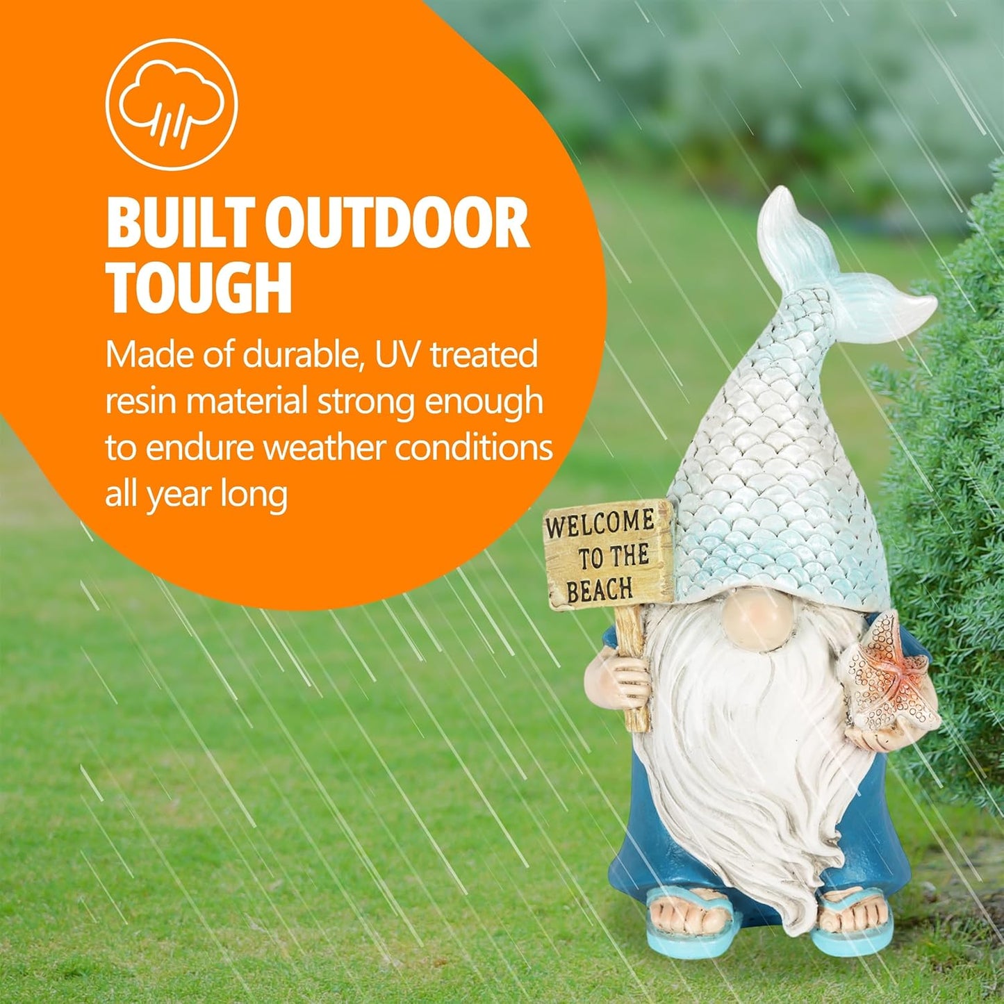 Exhart Mermaid Tail Hat Garden Gnome Statue with Welcome to The Beach Sign, 5 x 4 x 8.5 Inches