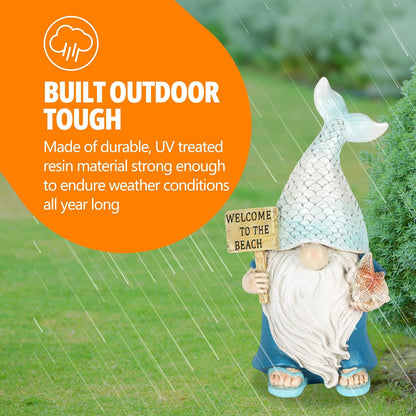 Exhart Mermaid Tail Hat Garden Gnome Statue with Welcome to The Beach Sign, 5 x 4 x 8.5 Inches