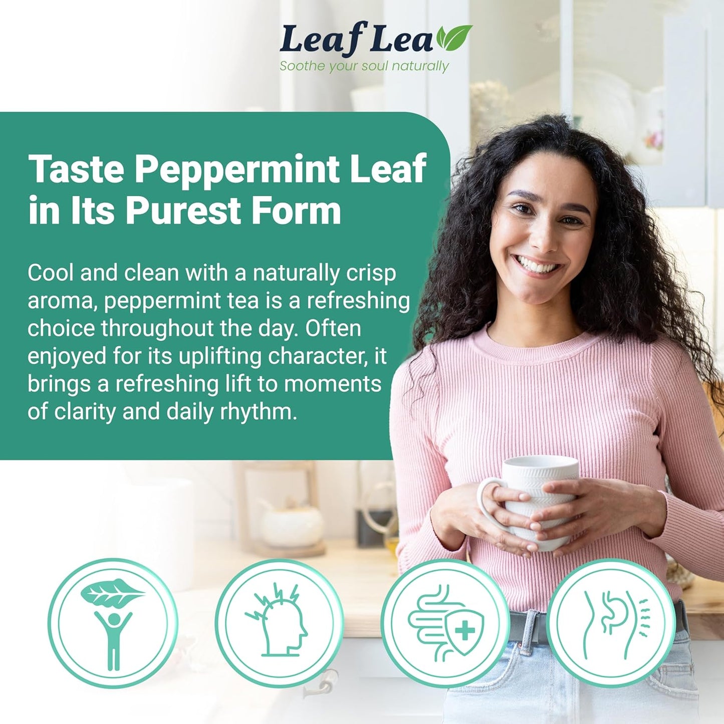 LeafLea 40 Peppermint Tea Bags, Natural Peppermint Leaf Herbal Tea with Cool Taste, Te De Menta for Gentle Digestive Support, Te De Hierba Buena, Caffeine-Free, Sugar-Free, Vegan, Individually Wrapped