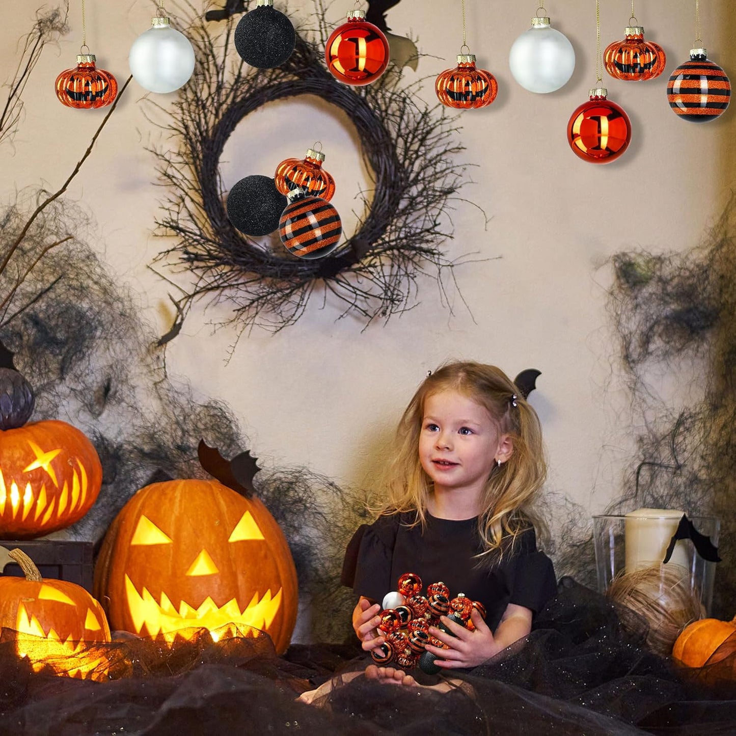 Halloween Tree Ornament Decorations Indoor, 12-Pack Pumpkin Decorative Hanging Ball Ornaments Set for Halloween Christmas Tree, Cute Holiday Party Indoor Home Decor