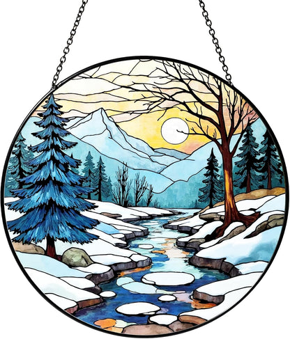 Winter Stained Glass Suncatcher for Window Hanging, Pine Tree Winter Landscape Blue White Glass Panel Decor Home Window for Women Men Wife Mom 7.8 inches