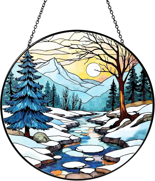 Winter Stained Glass Suncatcher for Window Hanging, Pine Tree Winter Landscape Blue White Glass Panel Decor Home Window for Women Men Wife Mom 7.8 inches