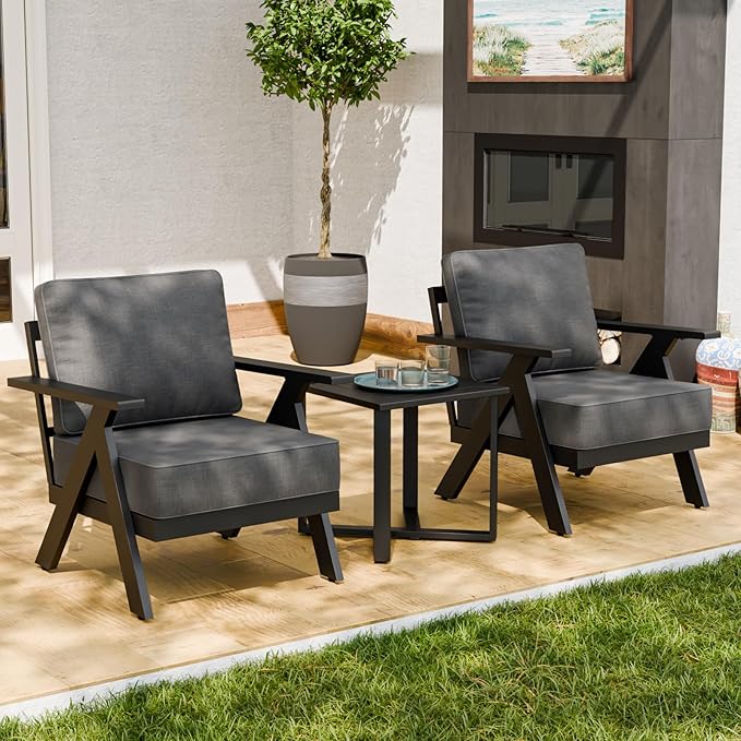 EAGLE PEAK Urban Slate 3 Piece Outdoor Bistro Set Modern Patio Chairs and Table, Outdoor Furniture Set for Balcony Porch Deck or Backyard, Black/Gray